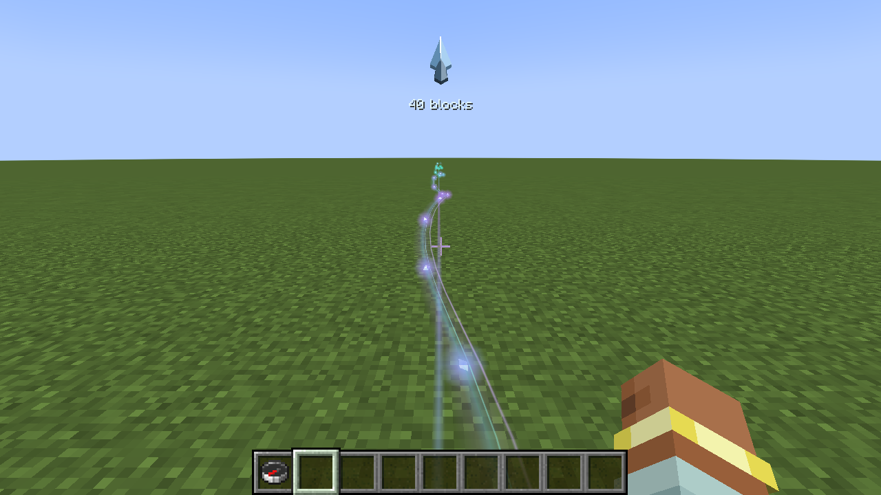 A glowing teal and violet trail running across a grass field toward the horizon, with the Lodestar arrow at the top of the screen reading 49 blocks.
